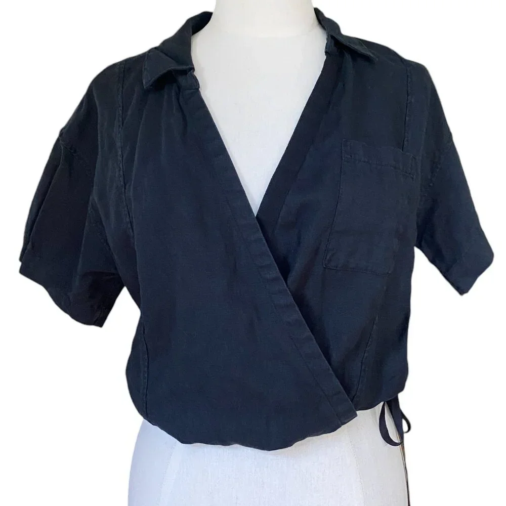 Athleta Playa Linen Tie Top Sz M Black Crop Wrap Lagenlook Coastal Washable
